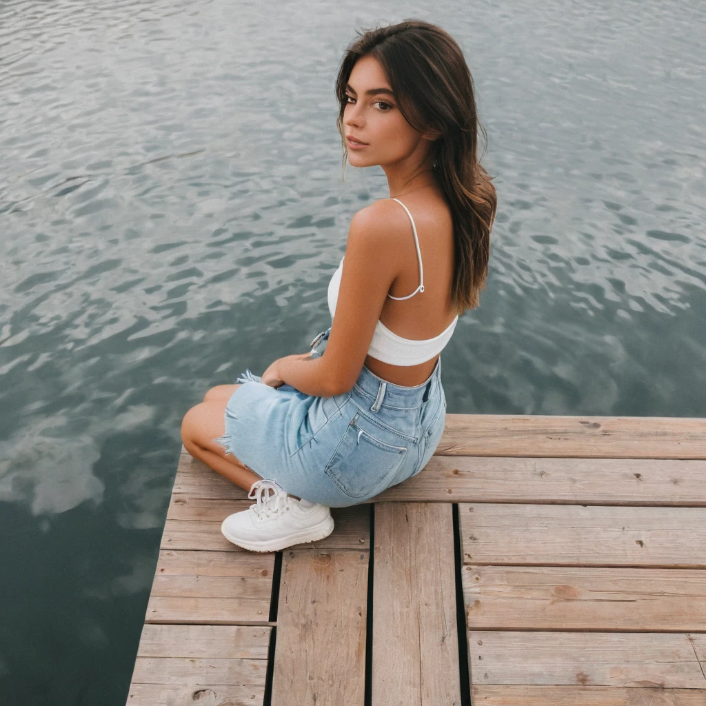 Clean girl aesthetic, close up, wooden dock, lake, trend, instagram influencer,