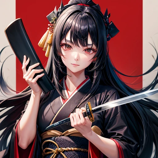 A woman with long black hair wearing a kimono holding a sword-like knife Holding sushi
