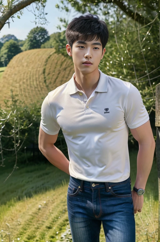 young korean man , 1 boy, white skin , Fine skin, 1 boy, ((realistic)), abdomen, good light quality, muscle veins, ((Pale skin)), football player, (Masterpiece, Special quality, high resolution, 8K, complicated:1.2), (detailed face:1.2), handsome, , Embossed, 1 boy,alone, look at viewer, Balancing the eyes, , (Make eye contact), , black polo shirt, With super tight navy blue jeans., big Embossed (In the countryside:1.5), (field:1.3)