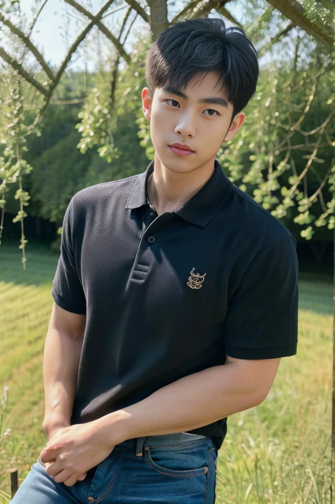 young korean man , 1 boy, white skin , Fine skin, 1 boy, ((realistic)), abdomen, good light quality, muscle veins, ((Pale skin)), football player, (Masterpiece, Special quality, high resolution, 8K, complicated:1.2), (detailed face:1.2), handsome, , Embossed, 1 boy,alone, look at viewer, Balancing the eyes, , (Make eye contact), , black polo shirt, With super tight navy blue jeans., big Embossed (In the countryside:1.5), (field:1.3)