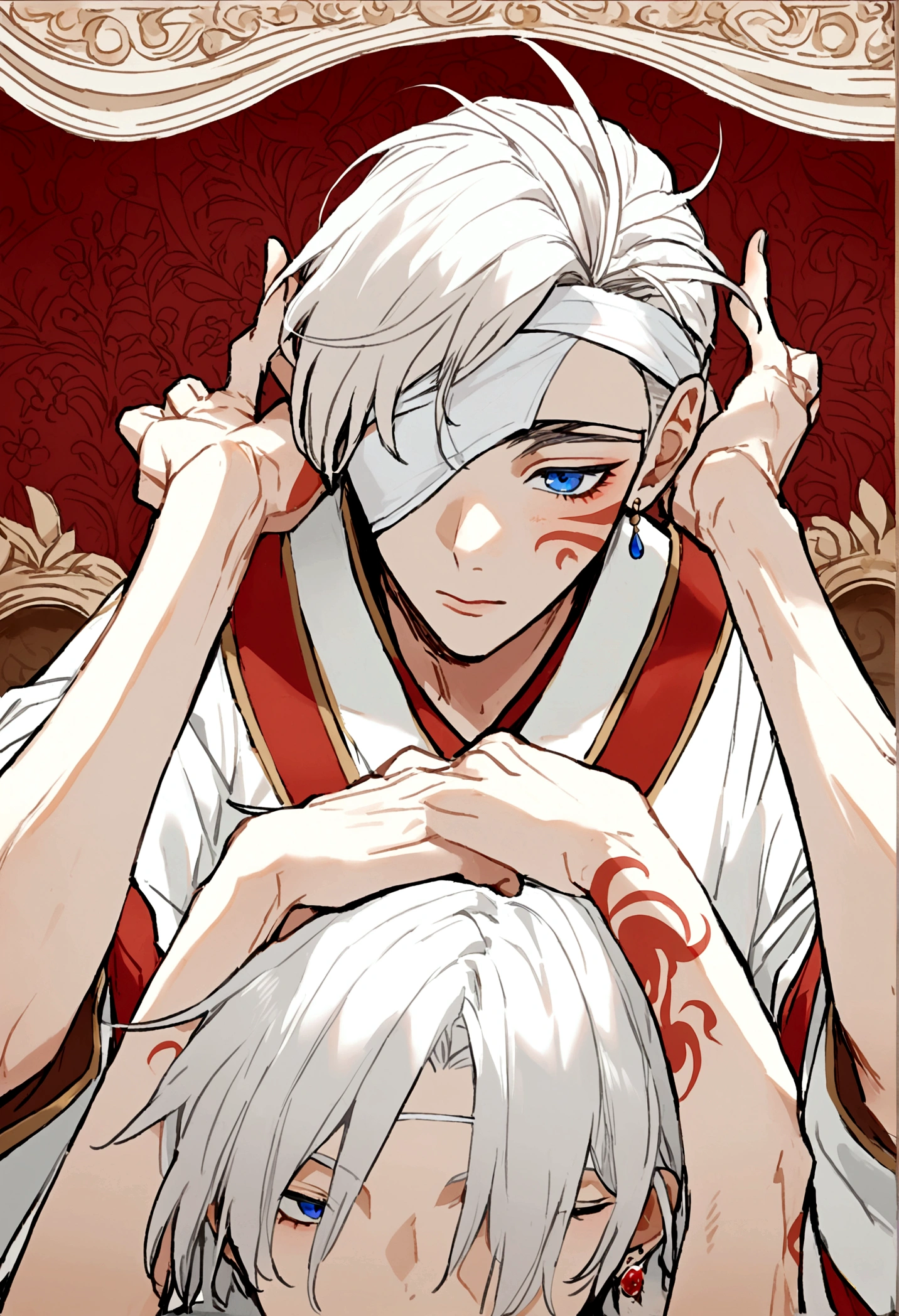 2 men, 21 yrs old, white blindfold, short white hair, kimono branco, white earrings, red band on forearms, other one has brown underlay and pink spiky hair on top, face tatoos outlining features,