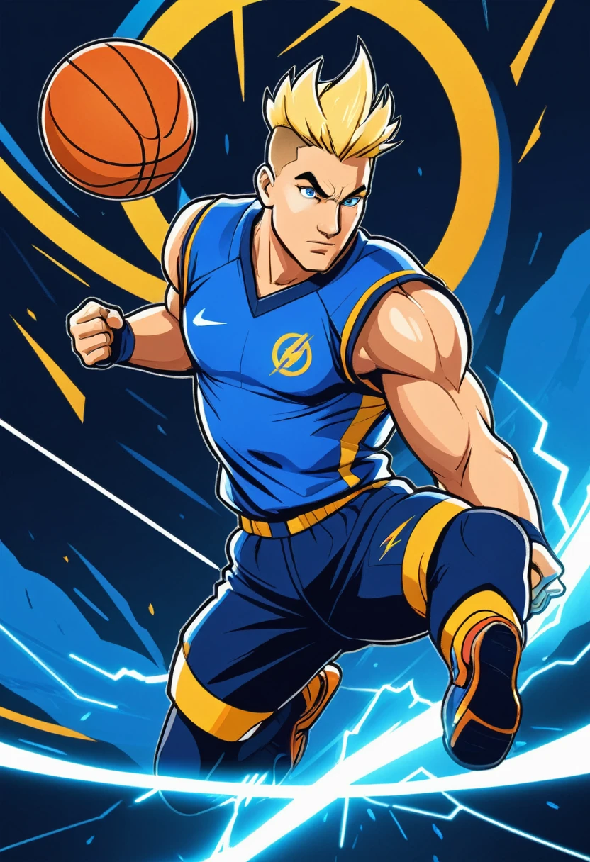 Create a profile picture for a TikTok account named "PrOlympic Bet". The profile uploads motivational videos, sports videos (football, basketball, MMA, American football, and occasionally eSports), and sports betting videos (for recreational purposes, not promoting gambling addiction). The image should have the following details: Background: A background divided diagonally into two vibrant colors, blue on the left and gold on the right, to symbolize energy and wealth. Central Element: A strong, muscular Zeus-like hand grasping a bright lightning bolt in the center of the image. Lightning Details: The lightning bolt should have dynamic sparks, and money symbols like bills and coins should be emanating from it, along with small sports icons such as a soccer ball, basketball, MMA glove, American football helmet, and an eSports controller. Profile Name: Place the name "PrOlympic Bet" at the bottom of the image in a modern, striking font, in a color that contrasts well with the background, such as white or gold. Border: A circular border around the entire image in a contrasting color, like white, to ensure it stands out against any background.