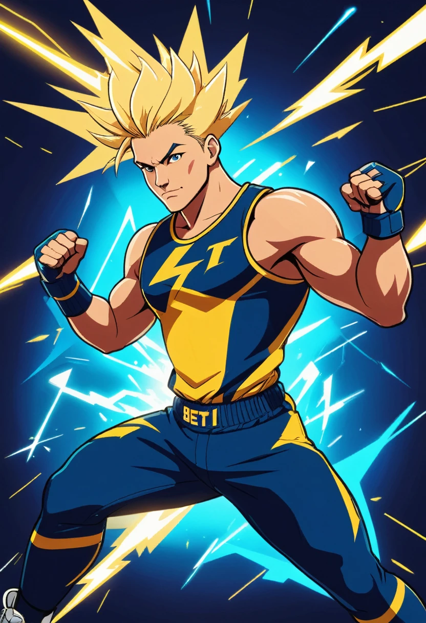 Create a profile picture for a TikTok account named "PrOlympic Bet". The profile uploads motivational videos, sports videos (football, basketball, MMA, American football, and occasionally eSports), and sports betting videos (for recreational purposes, not promoting gambling addiction). The image should have the following details: Background: A background divided diagonally into two vibrant colors, blue on the left and gold on the right, to symbolize energy and wealth. Central Element: A strong, muscular Zeus-like hand grasping a bright lightning bolt in the center of the image. Lightning Details: The lightning bolt should have dynamic sparks, and money symbols like bills and coins should be emanating from it, along with small sports icons such as a soccer ball, basketball, MMA glove, American football helmet, and an eSports controller. Profile Name: Place the name "PrOlympic Bet" at the bottom of the image in a modern, striking font, in a color that contrasts well with the background, such as white or gold. Border: A circular border around the entire image in a contrasting color, like white, to ensure it stands out against any background.