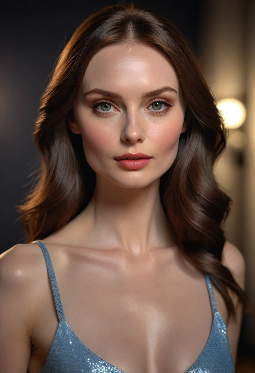 a young beautiful woman with 100% facial similarity to sophie ellis-bextor, extremely detailed and photorealistic, studio lighting, highly detailed eyes, nose, lips, skin pores, sharp focus, 8k, HDR, physically-based rendering, vivid colors, glossy skin, elegant expression, flowing hair, minimal clothing, seductive pose, indoor studio setting, dramatic lighting, romantic atmosphere