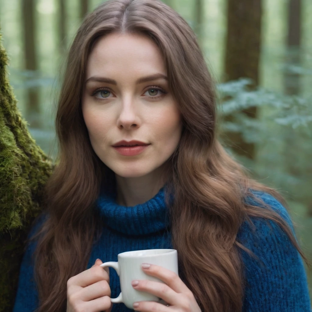  pale skin, ((evil slavic woman)), long dark blond hair, A close-up image of the enigmatic and captivating N1N15UN, with her distinctive bag slung casually over one shoulder, donning a vibrant blue shirt under a cozy turtleneck sweater and white sneakers, adorned with an intricate silver necklace. She's perched on the edge of a moss-covered tree stump in a serene forest grove, cradling a steaming mug of coffee between her hands, bathed in soft, warm sunlight filtering through the dense canopy above, exuding an air of quiet contemplation and creative inspiration.