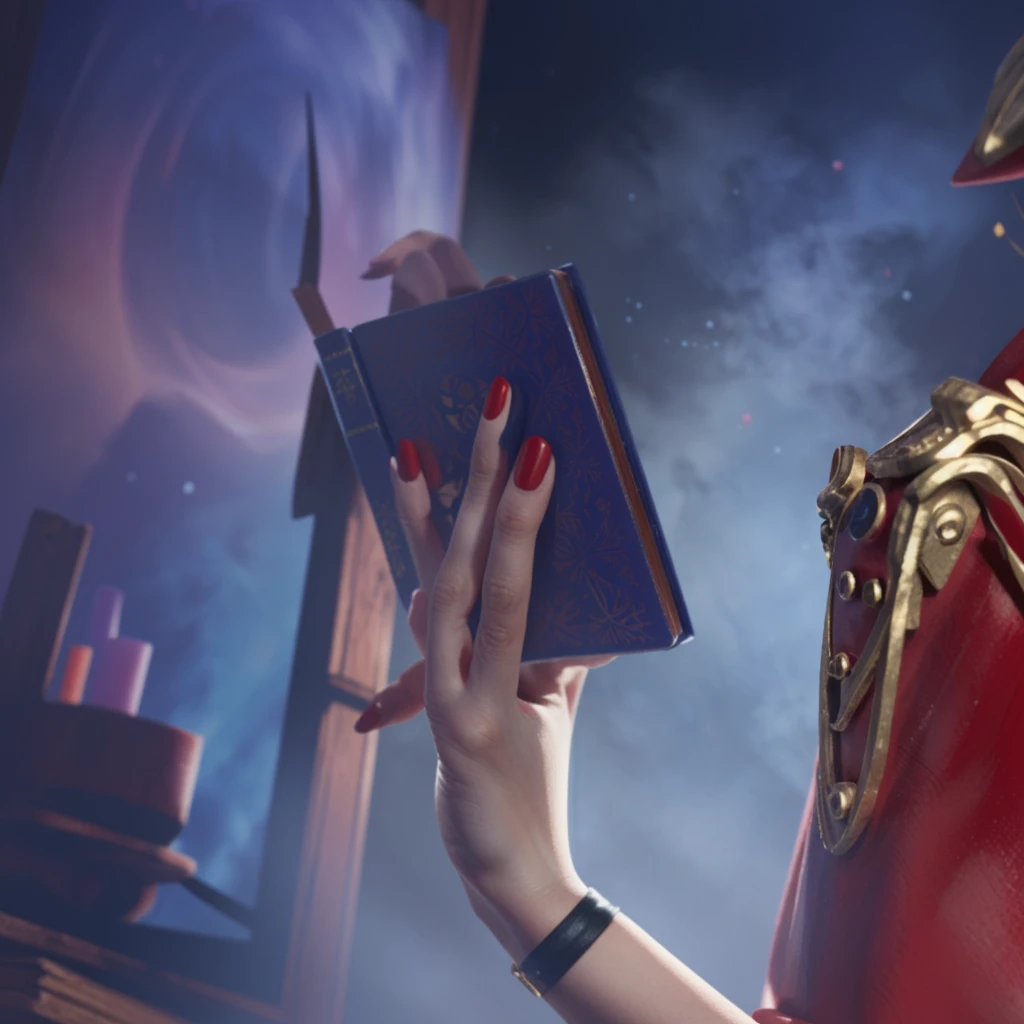 A woman's hand，Red painted nails，Holding a magic book，Game CG，8K