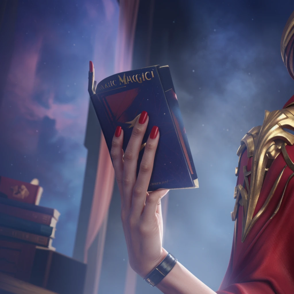 A woman's hand，Red painted nails，Holding a magic book，Game CG，8K