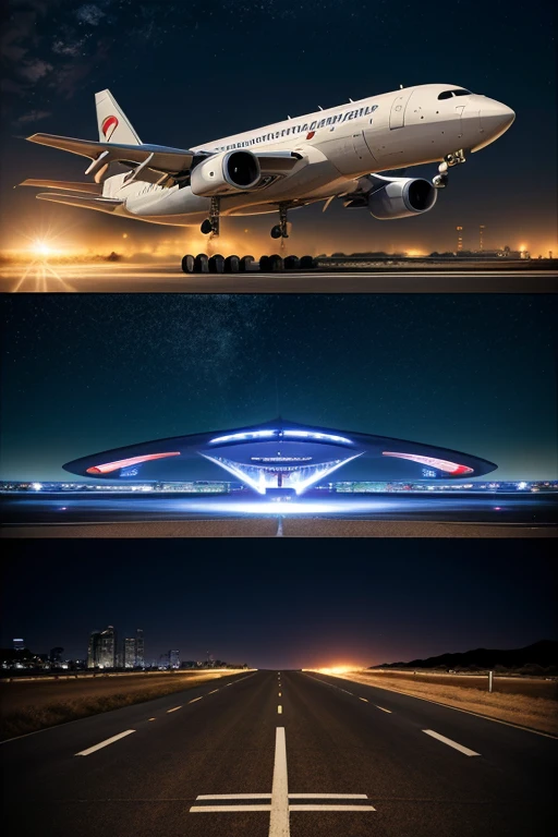 Create a high-resolution A4 size full-HD realistic image of Boeing plane and Airbus plane (with their name & logos visible clearly) facing each other side by side and with Mars & sci-fi futuristic city on the background of Boeing and Moon & sci-fi futuristic city on the background of Airbus. Both the Boeing & Airbus images are joined a road with Space X starship & Reusable launch vehicle in the middle on the placing both on the start & end of the road,8k masterpiece, perfect lighting, stunning details, shadow play, detailed hues, motion blur