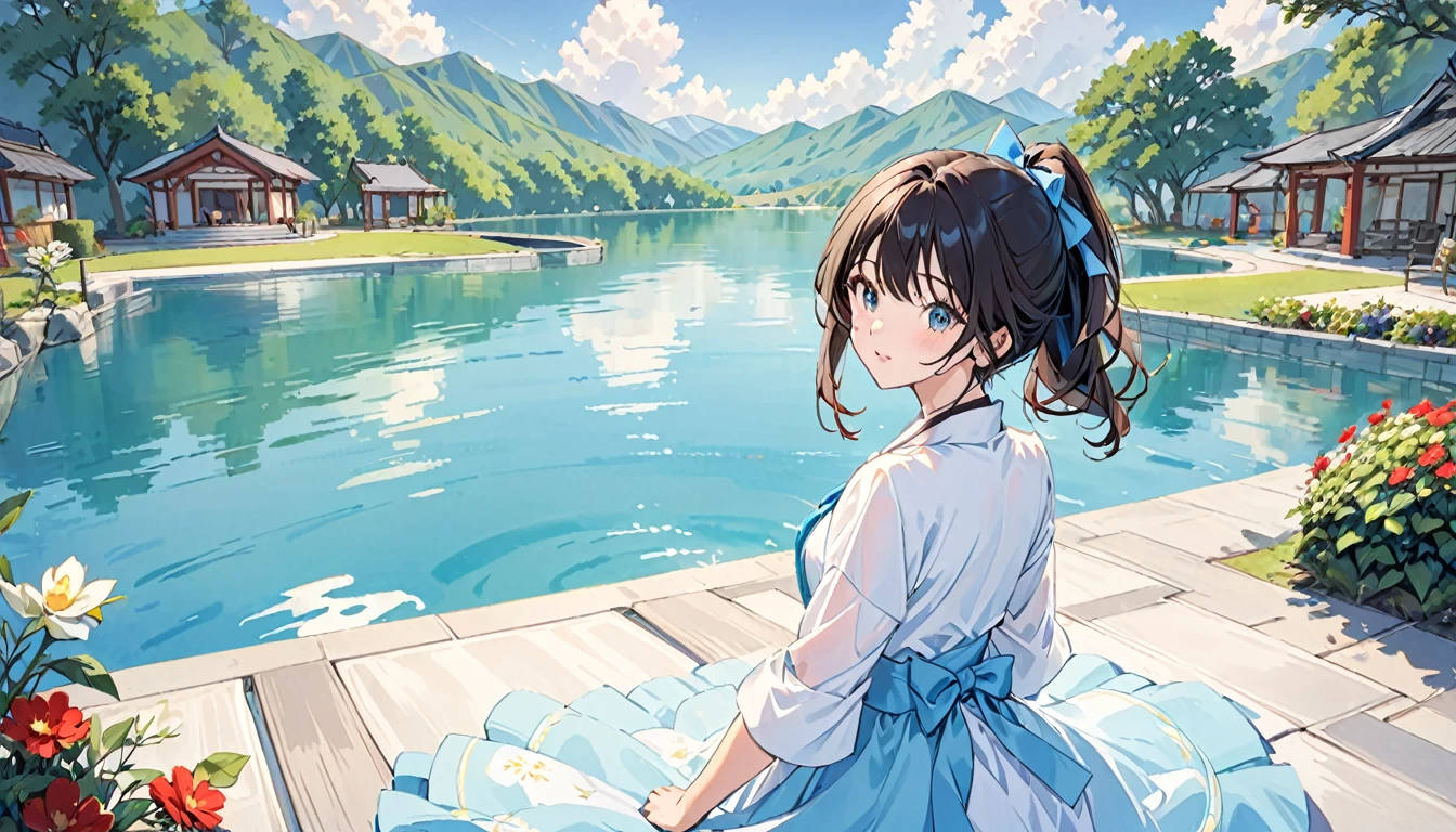 One girl、Looking at the audience、water、Pool、lake、