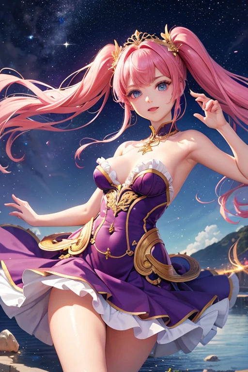 Highest quality、Highest quality、Masterpiece、woman1people、Purple shiny decollete dress、Golden embroidery、Frill mini skirt dress、Perfect body line、Adorable poses、Realistic、Glowing Skin、Groomed eyebrows、Pink Lips、Pink Hair、Blue Eyes、Twin tails、delicate、Shiny Hair、detailed、Skirt in the wind、The background is the starry sky and the sea