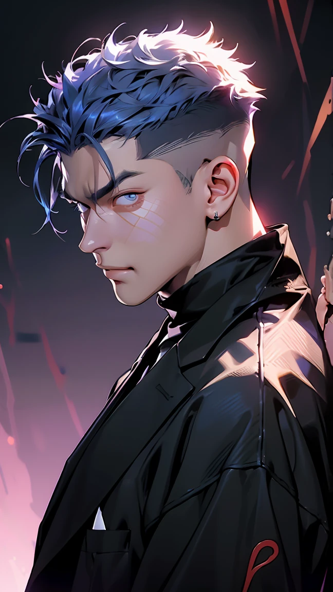 highest quality, 8K, high resolution image, anime style Jujutsu Kaisen, (Gilgamesh | Fate), detailed strokes, bored look , blurred, purple light reflecting from it, (close angle), 1 man, young, male, model, hand in pocket, cool guy, multicolored Background with various geometric shapes, around stickers, muscular, Blue hair, Hairstyle, Hairstyle:Undercut, Red eyes, short Hair, Blue hair, highlighted hair ,swollen chest, He is wearing a black sportjacket and black sweatpants, Black Sportjacket, black sweatpants and a gold link chain, sweatpants, Background: Room,