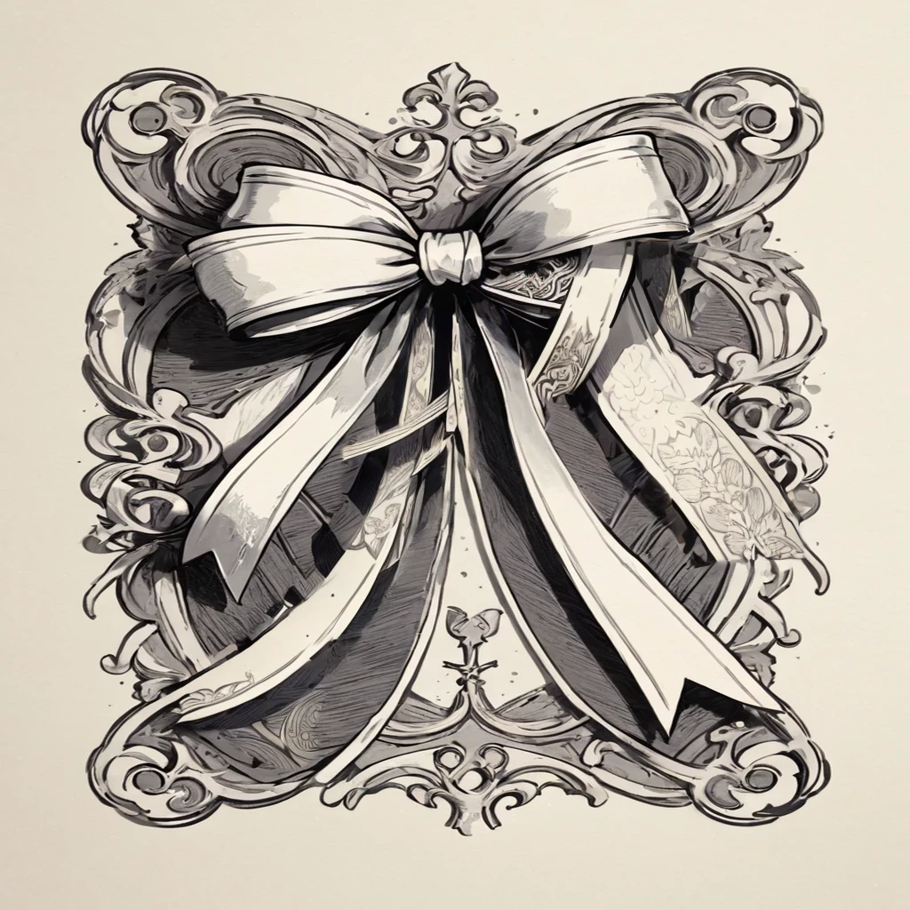 There is a picture of a bow with a ribbon., ornamental bow, Exquisite ink painting, Ink Artwork, Very fine line drawing, Masterpiece Ink Illustrations, Ink illustration with shadows, Highly detailed line art, Art Nouveau ink illustrations, Detailed ink illustration, Very detailed sketch, intricate detailed illustration, Thick Bow, Detailed ink drawing, Detailed illustrations, Gorgeous border + Concept Art