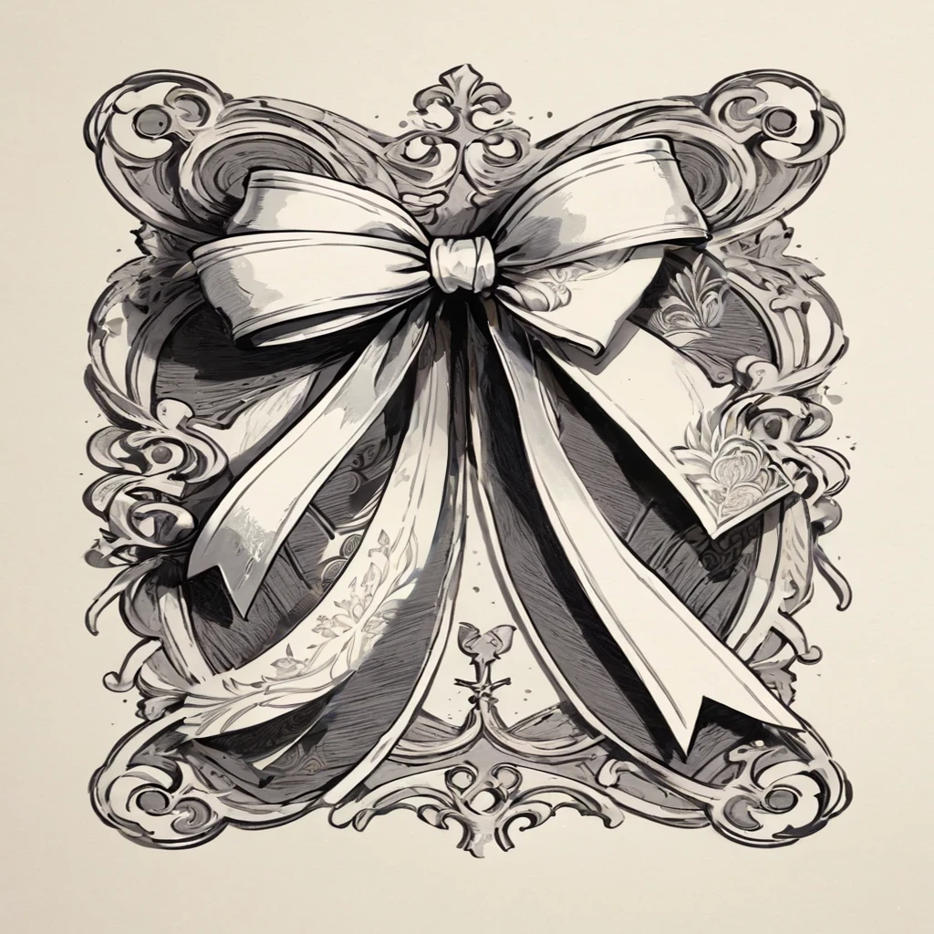 There is a picture of a bow with a ribbon., ornamental bow, Exquisite ink painting, Ink Artwork, Very fine line drawing, Masterpiece Ink Illustrations, Ink illustration with shadows, Highly detailed line art, Art Nouveau ink illustrations, Detailed ink illustration, Very detailed sketch, intricate detailed illustration, Thick Bow, Detailed ink drawing, Detailed illustrations, Gorgeous border + Concept Art