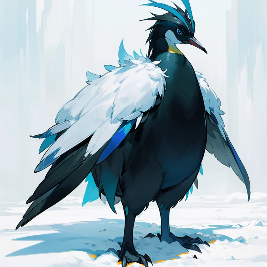 Full body version, green cassowary mixed with penguin, blue blue eyes, has long horns, , Grassroots in snow