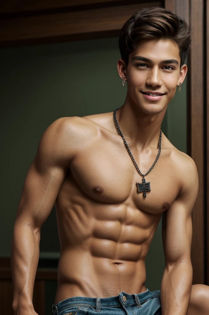 (Best Quality)), ((Masterpiece)), (detailed),1 man, slim and toned body with broad shoulders, Caramel skin with small freckles on the cheeks and nose, long legs, pierced ears, full lips and short chin-length light brown hair, masculine but also delicate facial features. dark green eyes, smiling expression, stylized and overall clothing style of a pop star, black necklace with cross