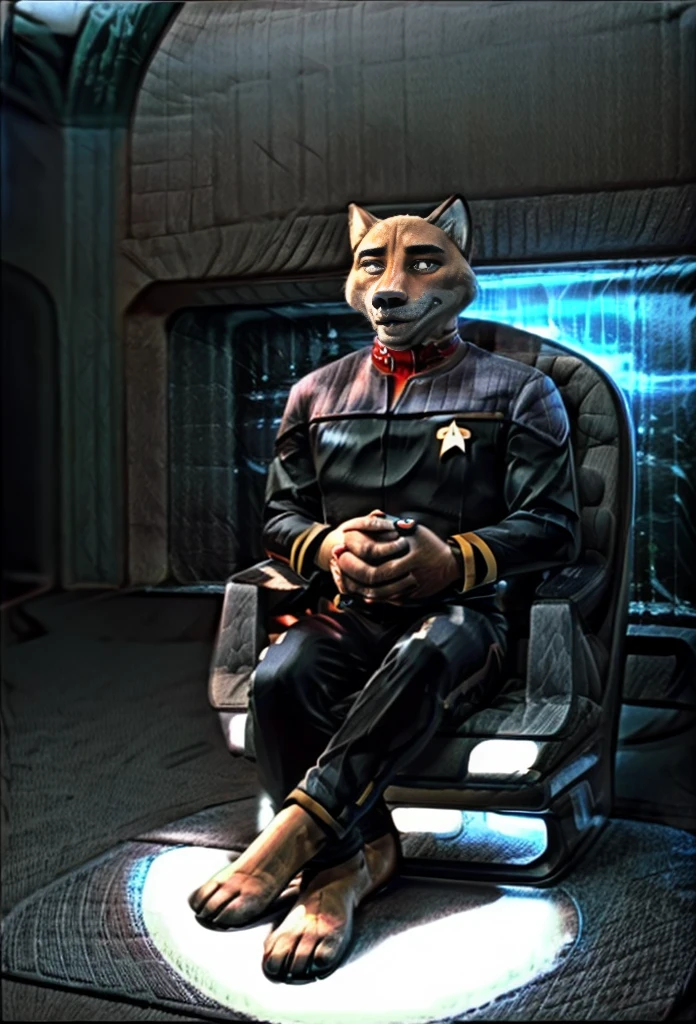 (((Barefoot furry character, full body, cinematic setting, furry male, plantigrade))) 

(((Nick Wilde))) exudes confidence and authority as he sits in the captain's chair, and his (((Star Trek DS9 uniform))) with the Starfleet Delta badge on his chest is a perfect match for his muscular figure. Handsome clawed feet paws dominate the bridge of the star ship and its crew. (((black and grey ds9st uniform with red collar))). Bridge of starship with many screens and consoles as background, futuristic look, metalic. anatomically correct, Long black pants, black shirt with gray shoulders, red collar.

BREAK, intricate details, highly detailed, extreme detail, octane render, fine art, best quality, highres, (detailed face:1.5), ((full_body)), UHD, (((perfect hands))), low light