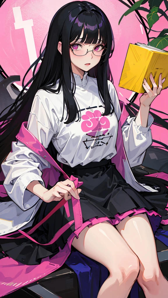 1woman, long hair, black hair, pink eyes, glasses, blunt bangs, Straight hair, loraeyes, loraeyes, アニメ, 8K, 4K, high Quality, 2D