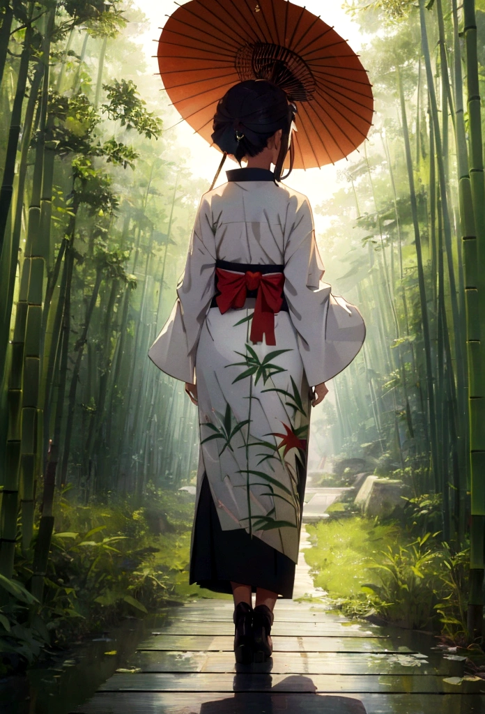 "(best quality,highres,masterpiece:1.2), working ofice ,serene bamboo forest,bamboo leaves gently falling in the wind,beautiful girl in kimono, holding umbrella, walking away from camera, full body wallpaper for mobile. from behind