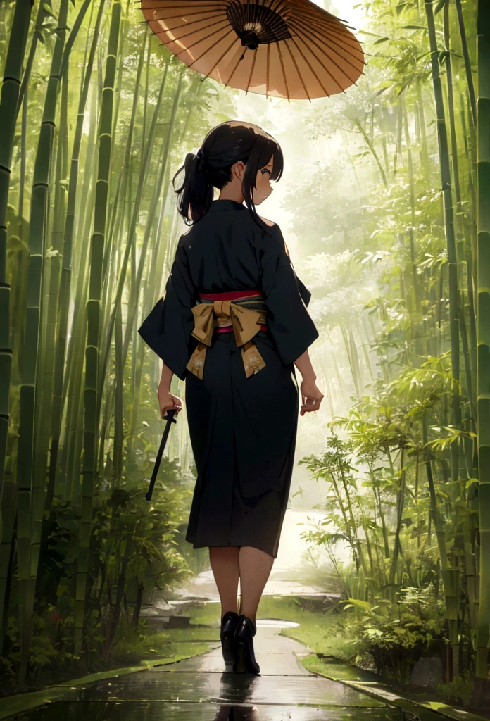 "(best quality,highres,masterpiece:1.2), working ofice ,serene bamboo forest,bamboo leaves gently falling in the wind,beautiful girl in kimono, holding umbrella, walking away from camera, full body wallpaper for mobile. from behind