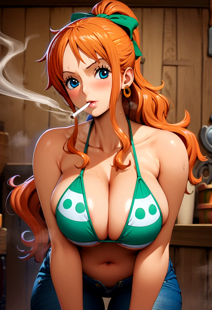 a cartoon picture of a woman in a bikini top and jeans, nami one piece, nami from one piece, nami, beautiful portrait of nami, from one piece, oppai, blue eyes, smoking, ponytail, nsfw