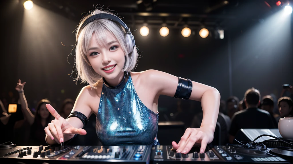 (ultra - detailed, 16K resolution, Cinema lenses, rendering by octane), (high resolution:1.18), intricate detail, (masterpiece:1.1), (highest quality:1.1), (1girl, portrait, white hair, blue eyes, short hair, detailed eyes),Wearing silver DJ headphones, Shiny silver sequined T-shirt, (Iconic hip-hop pop costumes:1.3), Smile while DJing on stage, full body shot of, The spotlight shines on the female DJ. Photorealistic photography by Disco Lighting, (cute round face:1.3), perfect fingers, five fingers, beautiful hands, perfect hands. master peace, cute smile.
