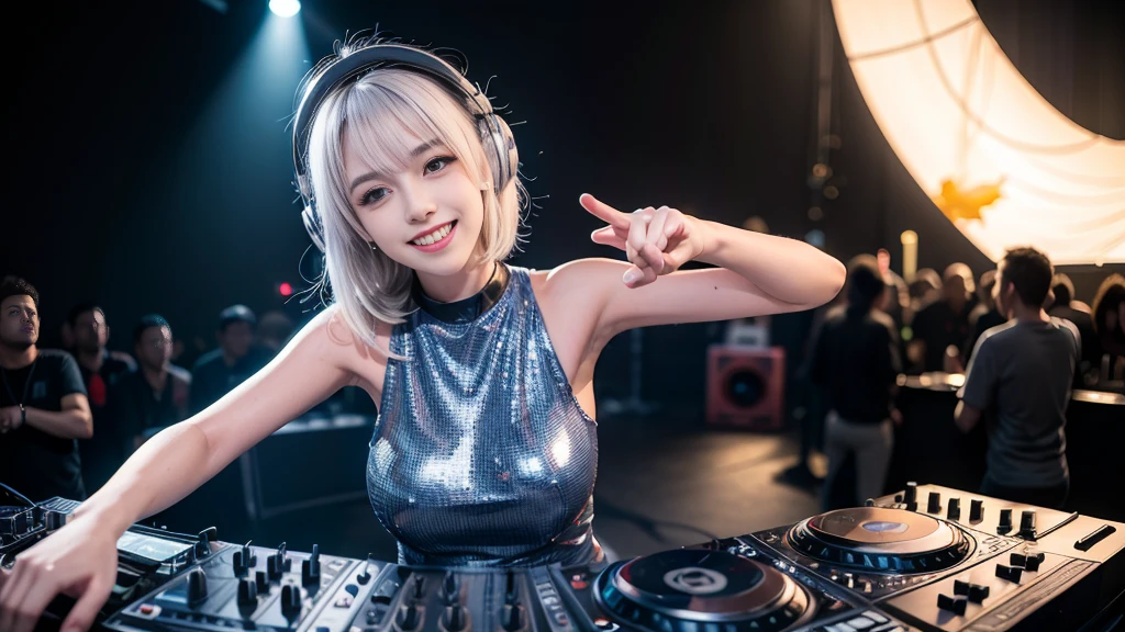 (ultra - detailed, 16K resolution, Cinema lenses, rendering by octane), (high resolution:1.18), intricate detail, (masterpiece:1.1), (highest quality:1.1), (1girl, portrait, white hair, blue eyes, short hair, detailed eyes),Wearing silver DJ headphones, Shiny silver sequined T-shirt, (Iconic hip-hop pop costumes:1.3), Smile while DJing on stage, full body shot of, The spotlight shines on the female DJ. Photorealistic photography by Disco Lighting, (cute round face:1.3), perfect fingers, five fingers, beautiful hands, perfect hands. master peace, cute smile.