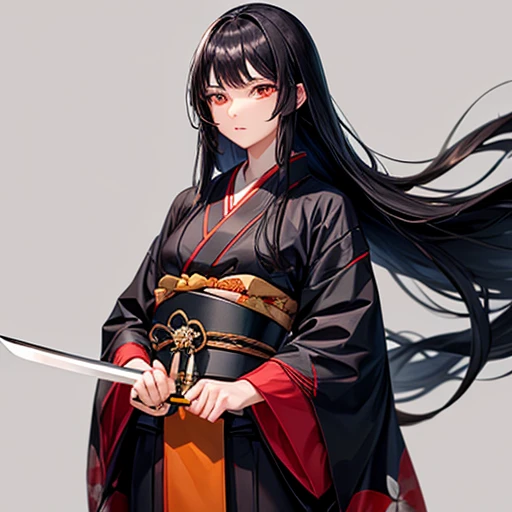 A woman with long black hair wearing a kimono holding a sword-like knife　Holding sushi