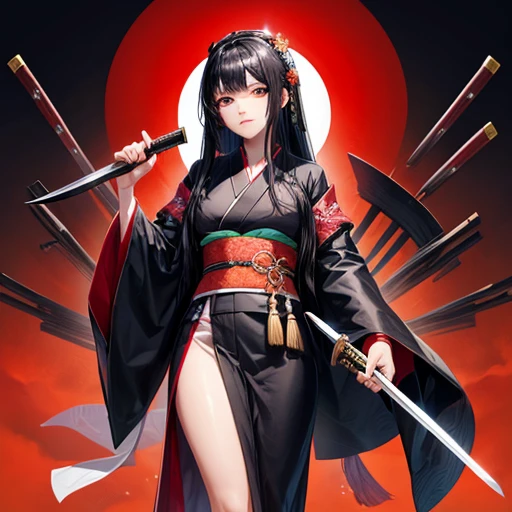 A woman with long black hair wearing a kimono holding a sword-like knife Holding sushi