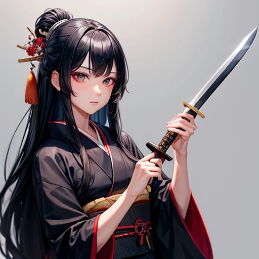 A woman with long black hair wearing a kimono holding a sword-like knife　Holding sushi