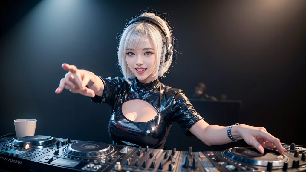 (ultra - detailed, 16K resolution, Cinema lenses, rendering by octane), (high resolution:1.18), intricate detail, (masterpiece:1.1), (highest quality:1.1), (1girl, portrait, white hair, blue eyes, short hair, detailed eyes),Wearing silver DJ headphones, Shiny silver sequined T-shirt, (Iconic hip-hop pop costumes:1.3), Smile while DJing on stage, full body shot of, The spotlight shines on the female DJ. Photorealistic photography by Disco Lighting, (cute round face:1.3), perfect fingers, five fingers, beautiful hands, perfect hands. master peace, cute smile.