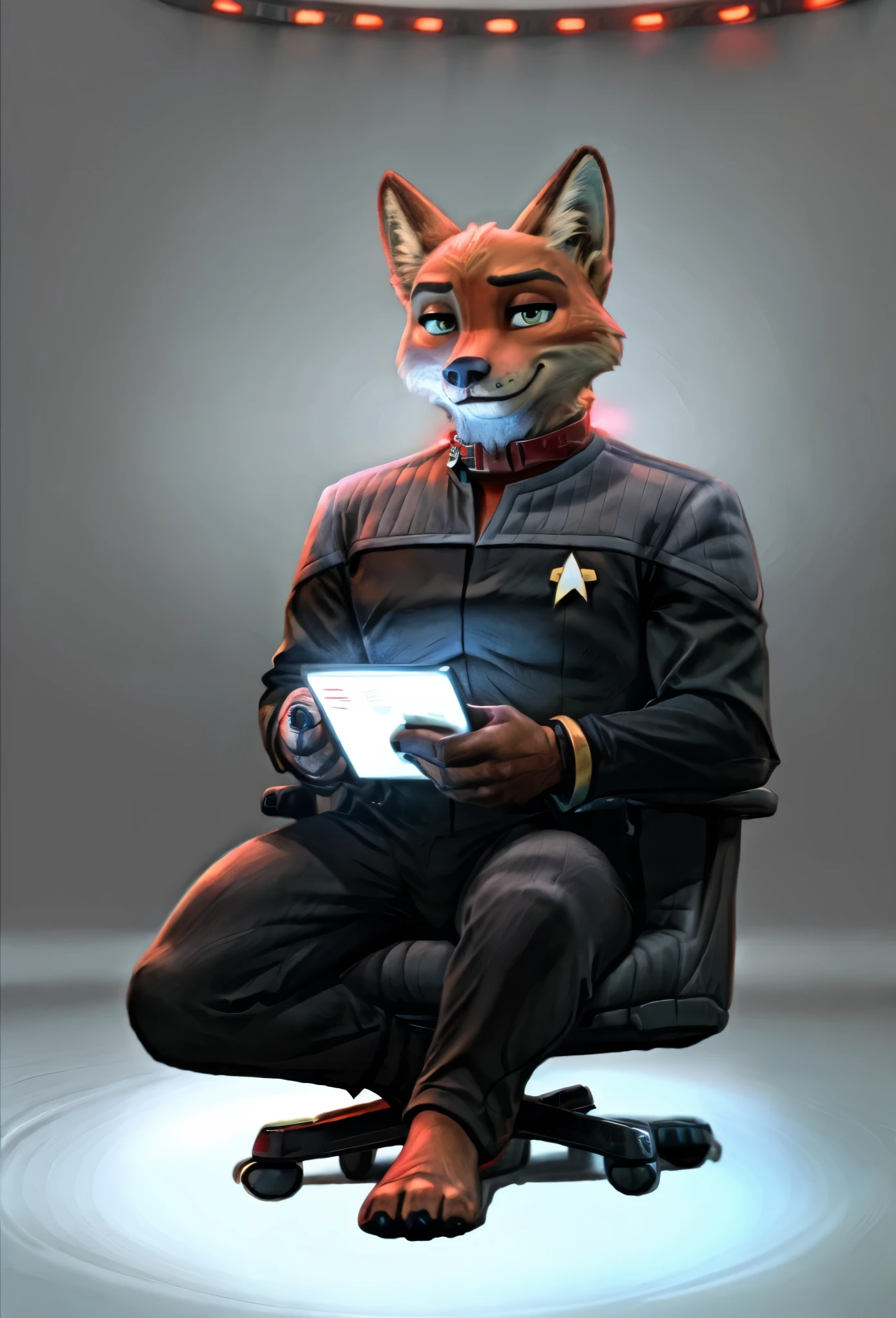 (((Barefoot furry character, full body, cinematic setting, furry male, plantigrade))) 

(((Nick Wilde))) exudes confidence and authority as he sits in the captain's chair, and his (((Star Trek DS9 uniform))) with the Starfleet Delta badge on his chest is a perfect match for his muscular figure. Handsome clawed feet paws dominate the bridge of the star ship and its crew. (((black and grey ds9st uniform with red collar))). Bridge of starship with many screens and consoles as background, futuristic look, metalic. anatomically correct, Long black pants, black shirt with gray shoulders, red collar.

BREAK, intricate details, highly detailed, extreme detail, octane render, fine art, best quality, highres, (detailed face:1.5), ((full_body)), UHD, (((perfect hands))), low light