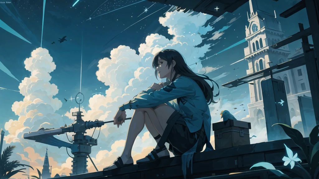 octans, sky, star (sky), scenery, parakeet,starry sky, night, 1girl, night sky, solo, outdoors, parakeet,building, cloud, milky way, sitting, tree, long hair, city, silhouette, cityscape