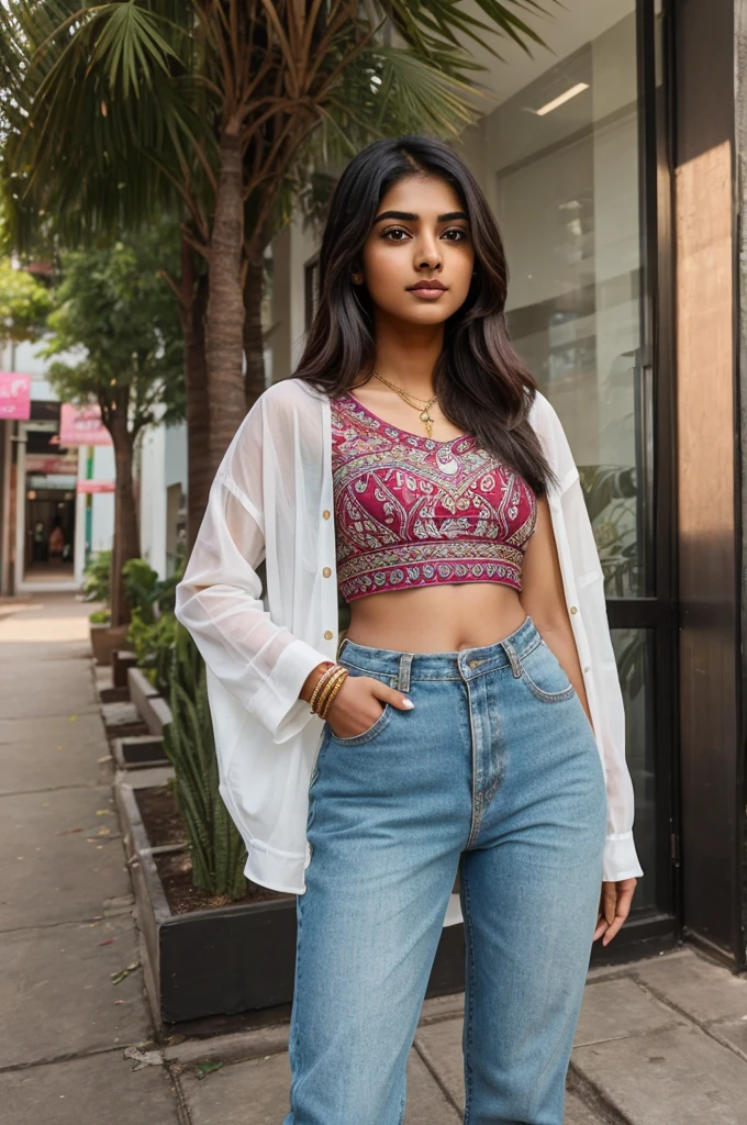 "A realistic portrait of an Indian girl, aged 22, with a height of 5'6". She has an oval-shaped mouth and a fair Indian complexion. She is wearing trendy clothes that are currently in fashion. The setting is casual, reflecting modern, urban Indian youth culture."