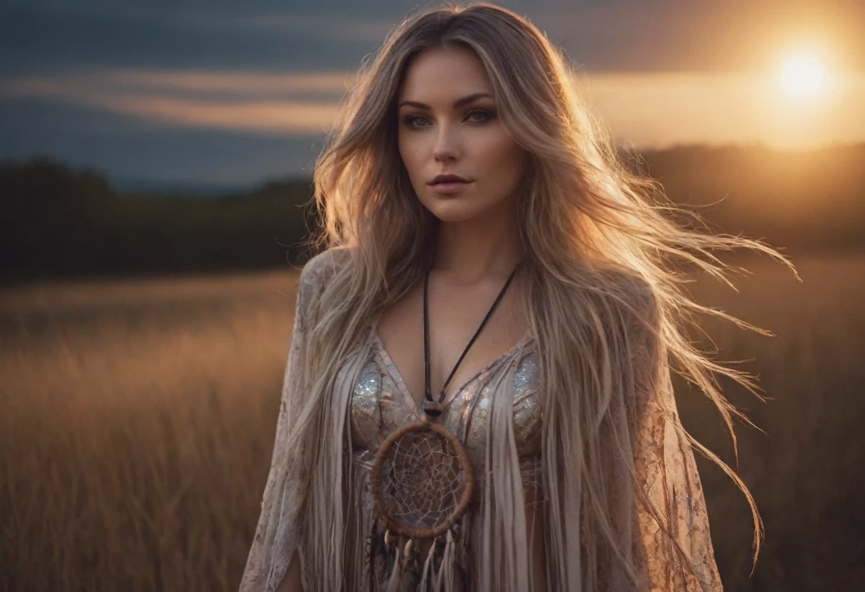 RAW photo, photorealistic, film grain, eye catchlights, atmospheric lighting, imperfections, natural, epiCRealism, art by mooncryptowow .A mesmerizing mystic-style photo of a oneiromancer standing amidst the fading twilight, her attire shimmering like crystallized dreams. The enchanting figure holds a staff with a dream catcher dangling from it, weaving a spellbinding scene that captivates the viewer. Her flowing garments emit an ethereal aura, glistening with otherworldly magic. The background features soft earthy tones, with a hint of dusk's fading light. The graphic novel style showcases flat outlines and bold ink lines, creating a captivating and dreamlike atmosphere., boudoir erotic... stylish. photoshoot. hyper-detailed hypermaximalist dynamic style. Erotic photography. Boudoir. Glamour style.... great lighting