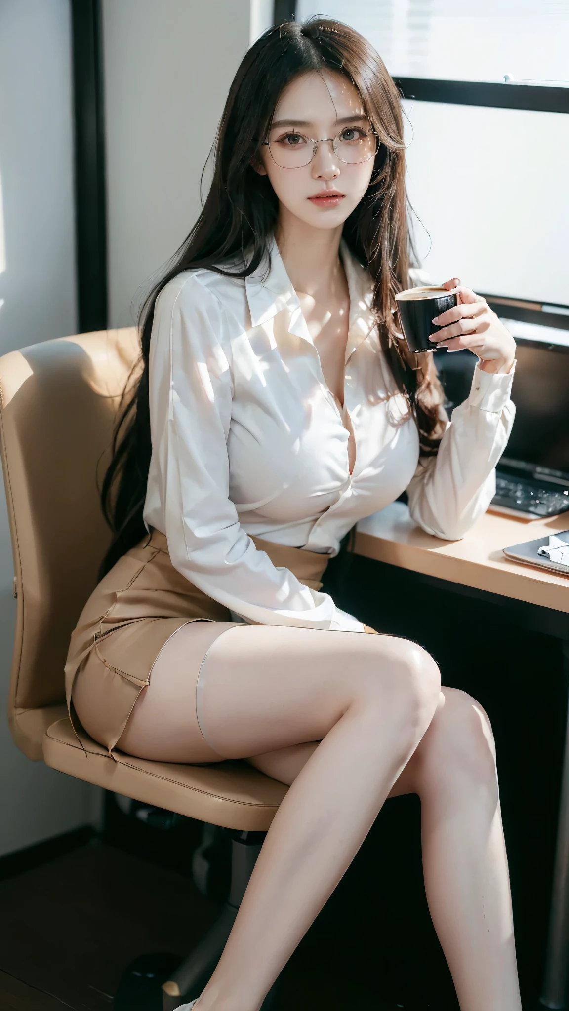 ((((8K))),((Really meticulous CG)) ,(wallpaper),16,000,((Incredibly stylish and beautiful))，(((masterpiece))),(((best quality))),(((초high resolution))),A beautiful light comes on,perfect lightning,Realistic Shading,[high resolution],(Smooth, flawless, fair skin:1.5),(pale skin:1.3),Very exquisite facial details,(perfect body:1.1),very detailed,Beautiful girl,alone,small head,(long straight hair:1.1),(black hair:1.2),small face,exquisite makeup,(glasses:1.2),(huge breasts:1.5),sexy chest,slim,thin,((frown, angry)),(Long sleeve white shirt with collar:1.3),(slim 다리:1.3),(look inside pantyhose:1.3),(spread legs:1.3),(high heel:1.2),(Daytime Scene:1.5),(detailed background:1.5),(sitting on a chair behind a computer desk:1.3),(coffee cup on the table:1.3),(in the office:1.3),(whole body:1.3),(in front:1.3