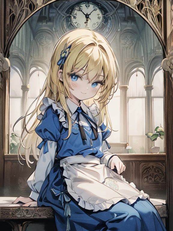 masterpiece, Highest quality, Very detailed, 16K, Ultra-high resolution, Cowboy Shot, Alice in Wonderland, (art nouveau:1.3), 10-year-old girl, Detailed face, smile, blue eyes,Blonde, Long Hair, Ribbon on head, Blue clothes, White apron, In a room with a big clock