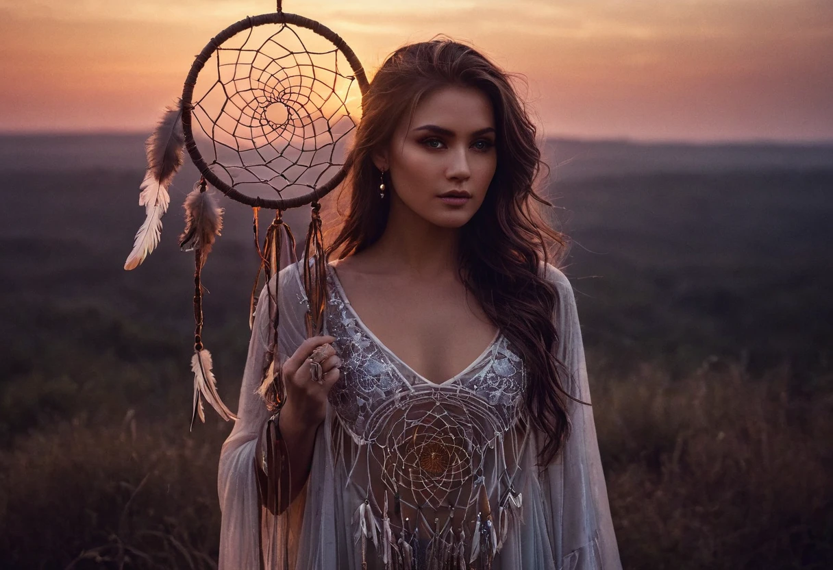 RAW photo, photorealistic, film grain, eye catchlights, atmospheric lighting, imperfections, natural, epiCRealism, art by mooncryptowow .A mesmerizing mystic-style photo of a oneiromancer standing amidst the fading twilight, her attire shimmering like crystallized dreams. The enchanting figure holds a staff with a dream catcher dangling from it, weaving a spellbinding scene that captivates the viewer. Her flowing garments emit an ethereal aura, glistening with otherworldly magic. The background features soft earthy tones, with a hint of dusk's fading light. The graphic novel style showcases flat outlines and bold ink lines, creating a captivating and dreamlike atmosphere., boudoir erotic... stylish. photoshoot. hyper-detailed hypermaximalist dynamic style. Erotic photography. Boudoir. Glamour style.... great lighting