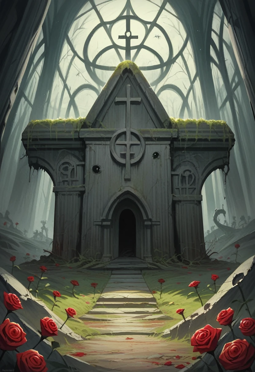 (best qualityer,4K,A high resolution,work of art:1.2),fantasy horror art,black forest,abandoned church,Mysterious ancient cemetery,（Many tombstones）,Covered tombstones,many red roses.,dense teeth
