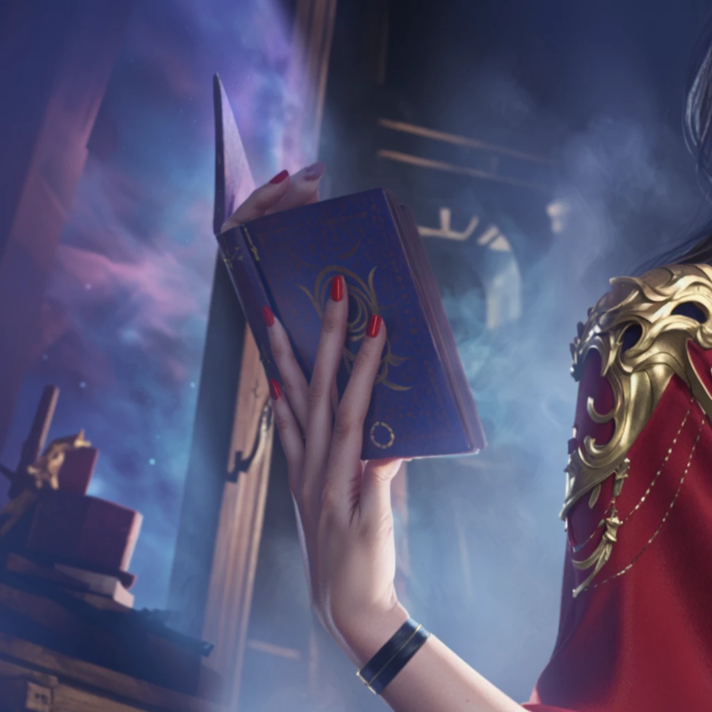 A woman's hand，Red painted nails，Holding a magic book，Game CG，8K