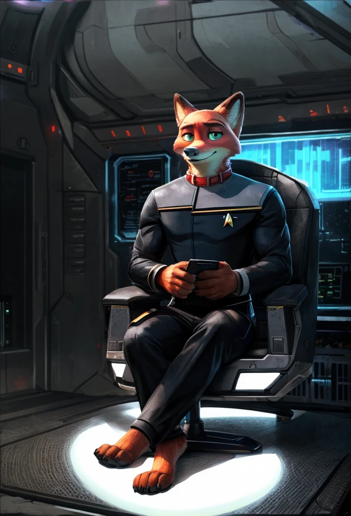 (((Barefoot furry character, full body, cinematic setting, furry male, plantigrade)))
(((Nick Wilde))) exudes confidence and authority as he sits in the captain's chair, and his (((Star Trek DS9 uniform))) with the Starfleet Delta badge on his chest is a perfect match for his muscular figure. Handsome clawed feet paws dominate the bridge of the star ship and its crew. (((black and grey ds9st uniform with red collar))). Bridge of starship with many screens and consoles as background, futuristic look, metalic. anatomically correct, Long black pants, black shirt with gray shoulders, red collar.
BREAK, intricate details, highly detailed, extreme detail, octane render, fine art, best quality, highres, (detailed face:1.5), ((full_body)), UHD, (((perfect hands))), low light