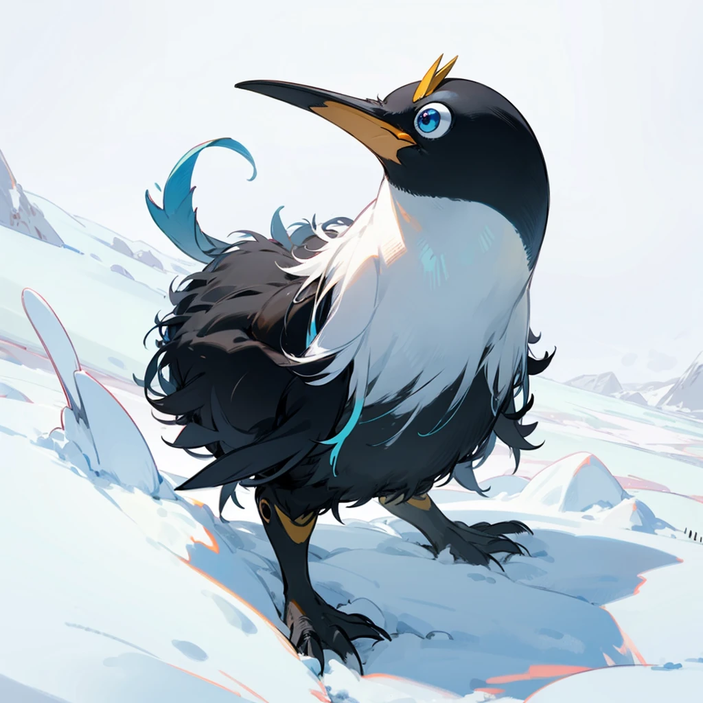 Full body version, green cassowary mixed with baby penguin, blue gold eyes, has long horns, , Grassroots in snow