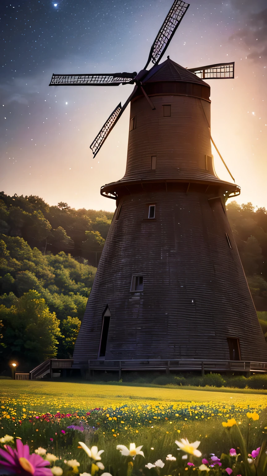action,old windmill,wind,flowers,(side shot:1.3),bottom view,on the ground,evening,particles,rotation,galaxies in the sky,ral-dryflwrs,8k,F2.8,RAW Photo,ultra detailed,