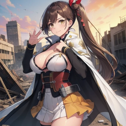 One girl,zuikaku,Huge breasts,Superhero Pose,Standing in the ruins of a city,(8K),scratch,Detailed face,Brown Hair,Yellow Eyes,Very long hair,Embarrassing,A small smile, Side Ponytail,Orange Eyeshadow,hair ornaments, expensive_resolution, expensive_meaning,battlefield,White corset,White Cape,(Emmafrost Custom 1:1),