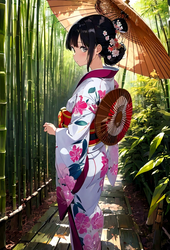 "(best quality,highres,masterpiece:1.2), working ofice ,serene bamboo forest,bamboo leaves gently falling in the wind,beautiful girl in kimono, holding umbrella, walking away from camera, full body wallpaper for mobile. from behind