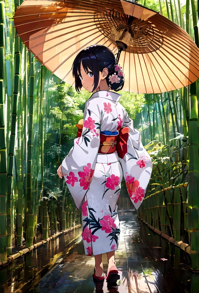 "(best quality,highres,masterpiece:1.2), working ofice ,serene bamboo forest,bamboo leaves gently falling in the wind,beautiful girl in kimono, holding umbrella, walking away from camera, full body wallpaper for mobile. from behind