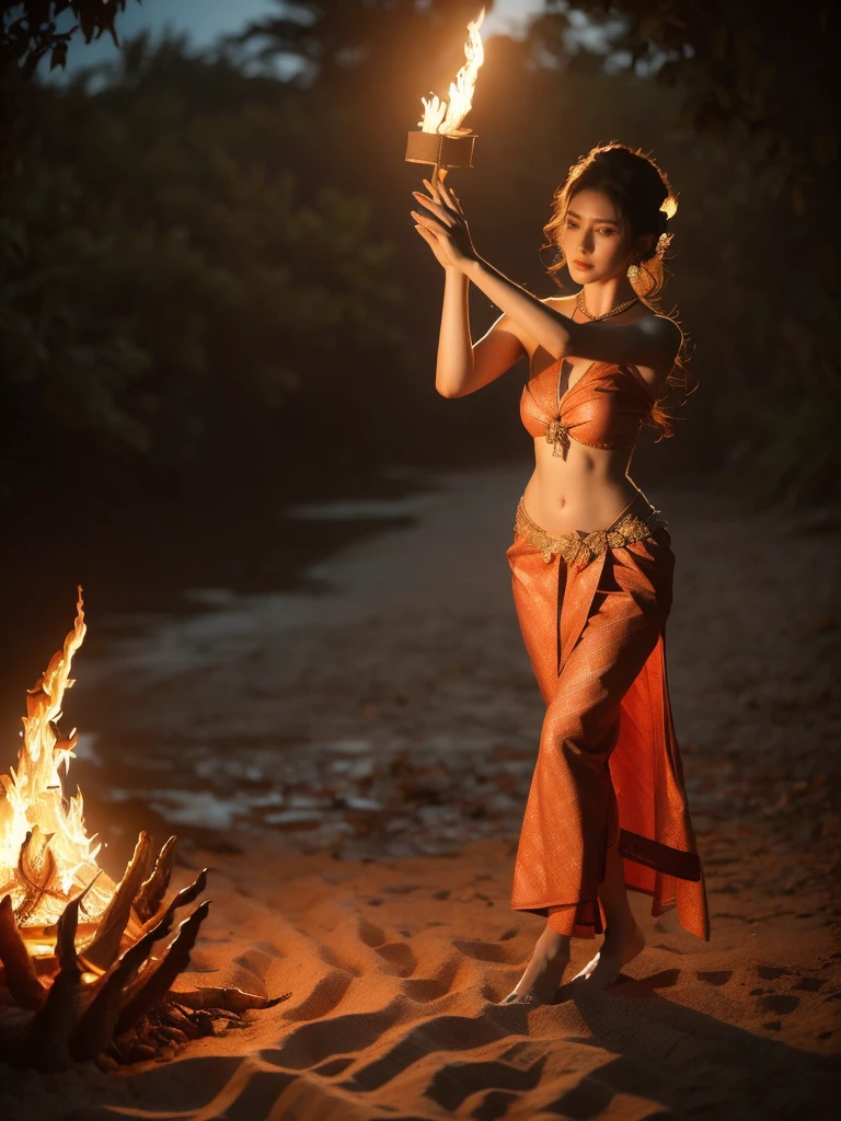 A woman with flawless skin and windswept blonde hair is fire dancing on a beach in a full body shot from a slight low angle. She is wearing a revealing, flame-inspired outfit that moves with her body. The background is a tropical beach at night with a bonfire in high detail and perfect anatomy. It's nighttime with a primal, mesmerizing mood and tone, and the lighting is warm and flickering, (fire dancing pose: 1.4), (revealing flame-inspired outfit: 1.9), (perfect anatomy: 1.5), (nighttime: 1.6), (primal mesmerizing mood: 1.7), (warm flickering lighting: 1.8).