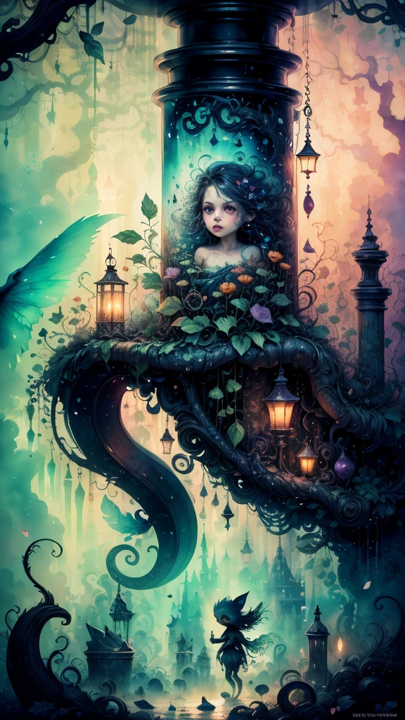 watercolor art,(a tiny) humanoid creature, (holding firmly) a bunch of flowers, watercolor, dark gritty, street, fantasy, (best quality, 4k, highres, masterpiece:1.2), ultra-detailed, (realistic:1.37), vivid colors, (moody lighting), (magical atmosphere), (cobblestone road), (mysterious shadows), (fantastical architecture), (enchanted surroundings), (whimsical elements), (misty aura), (intricate details), (emotionally expressive face), (unique character design), (lush foliage), (overgrown vines), (ethereal glow), (fallen petals), (contrast between light and dark), (captivating atmosphere), (heartwarming scene), (playful energy), (curiosity and wonder), (texture of the flowers), (impressionistic brushstrokes), (dreamlike charm), (sense of mystery), (gritty urban setting), (imaginative world), (dramatic composition), (expressive lines), (exquisite colors)