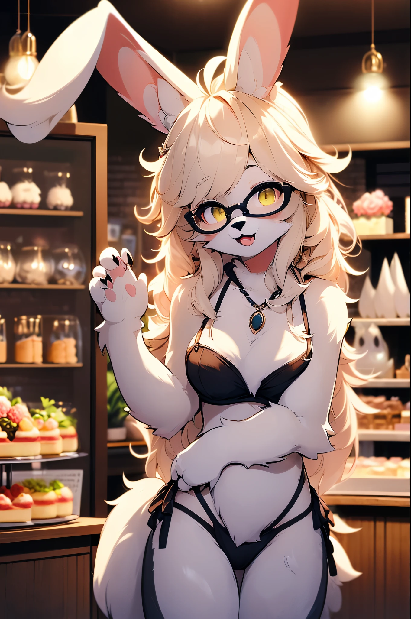 (fluffy anthro furry: 1.6),rabbit girl,female furry,yellow long hair,rabbit ears,glasses,necklace,flora hairpin,arm brecelet,looking at viewer,smile,open mouth,cake shop, sexy pose, seductive, flirting, sexy black lingerie, sexy black stockings, sexy black bra