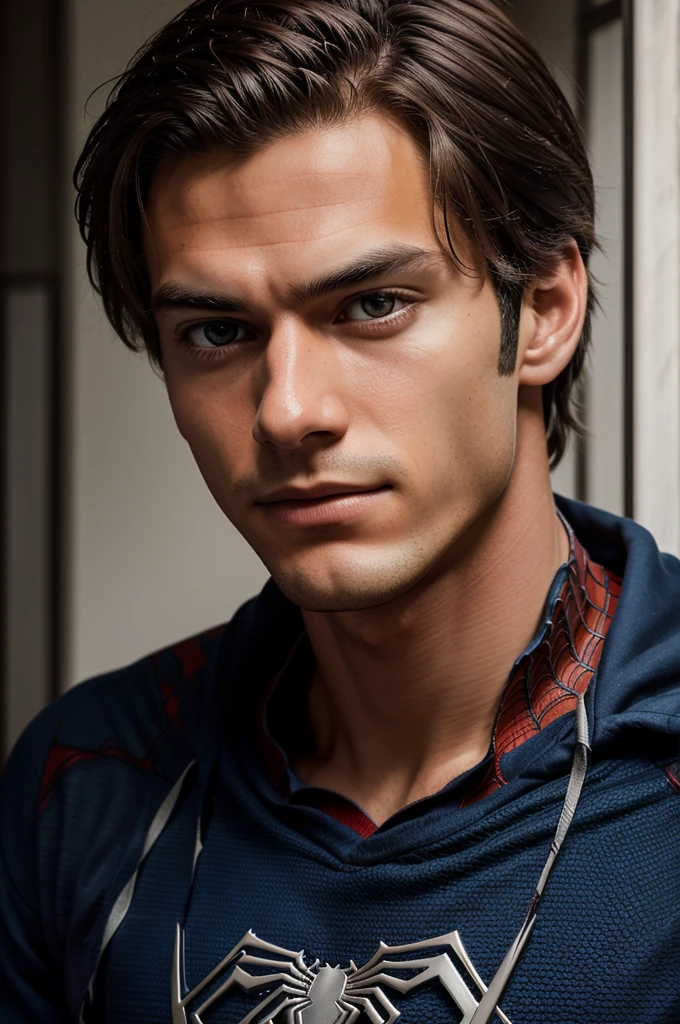 A photograph of spider man, no mask, 20 yo, handsome, detailed face, looking at camera, portrait, 8k uhd, high quality