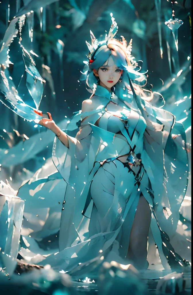 (((1 girl)))，dynamic poses，（Crystal dress：1.5），（magic circle：1.2），magic circle，blue concentric circles，ice crystals，concentric circles of frost，(((icicle)))，Ice mist，Ice particle effects，（Ice butterfly：1.2），Amazing results，,best quality,masterpiece,ultra high resolution,detailed，8K resolution,chiaroscuro，NVIDIA RTX